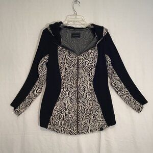 Tonia Debillis Full Zip Hooded Jacket in Black and Ivory Abstract Print  Size L